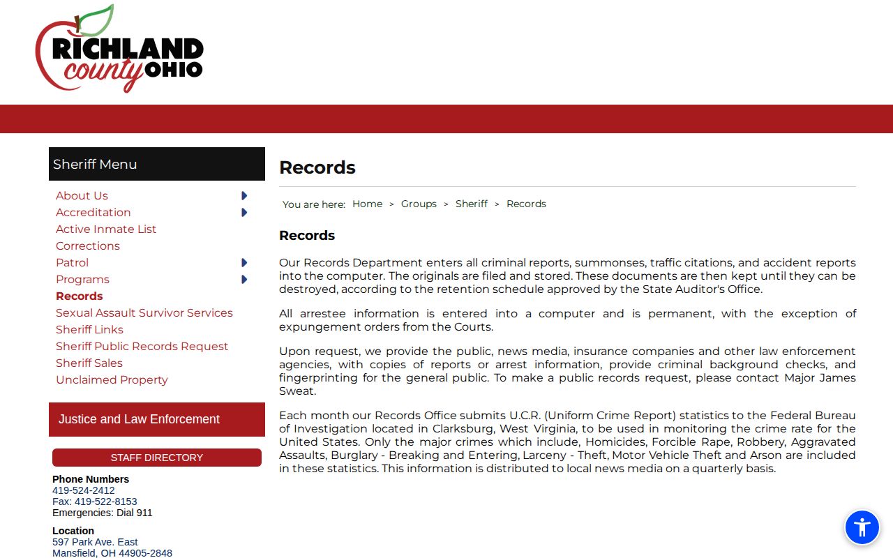 Richland County booking-record request information on the official Sheriff Records page