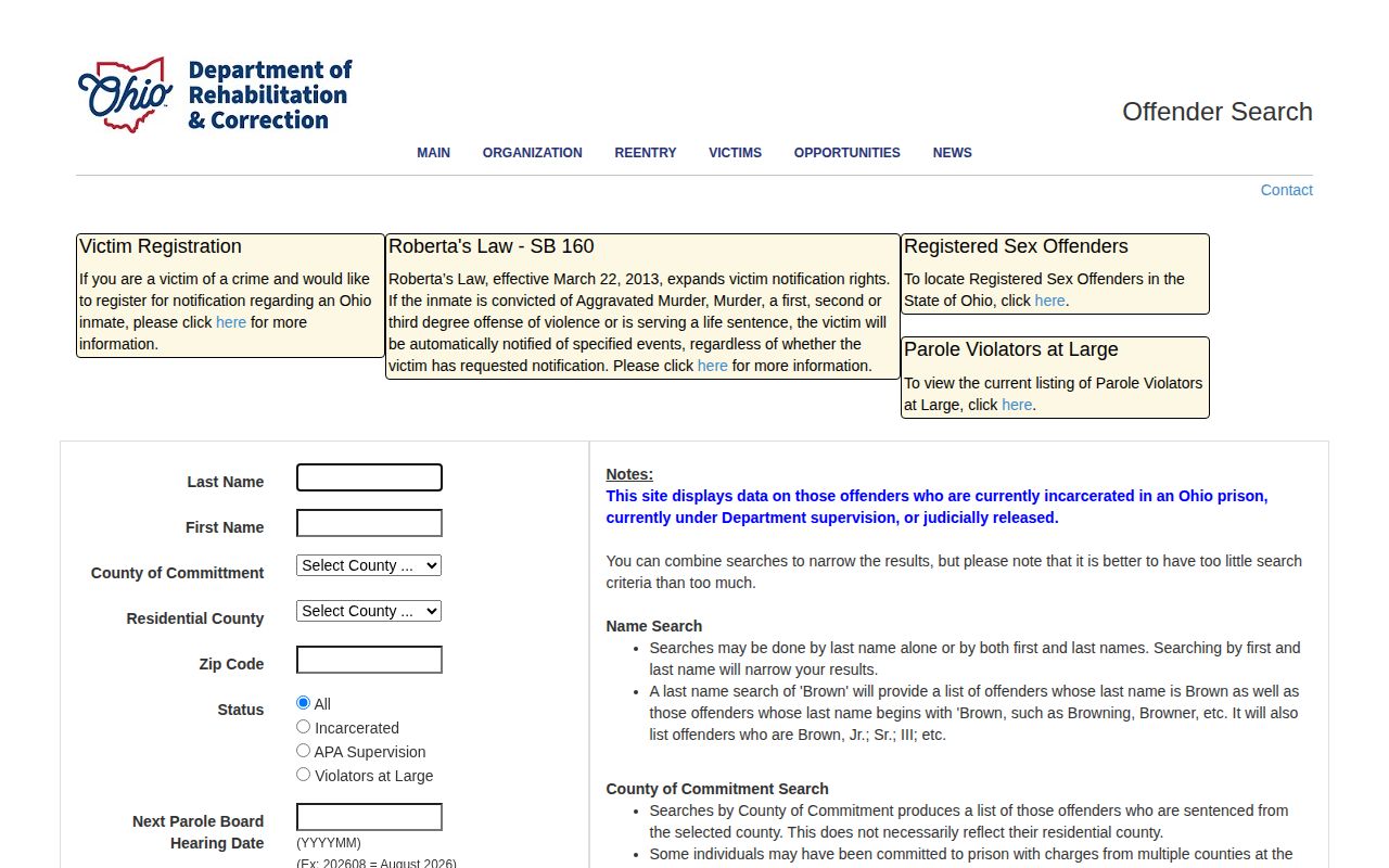 Ohio Department of Rehabilitation and Correction search for Richland County state-prison records