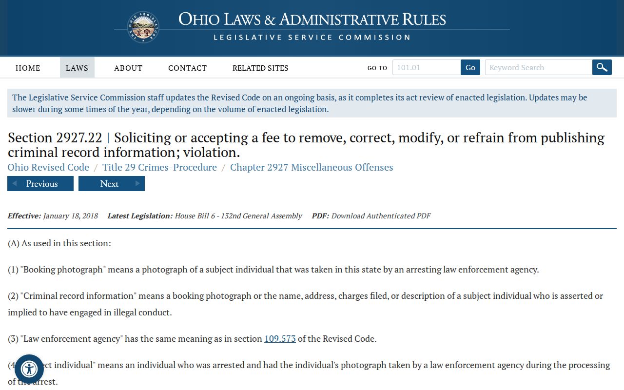 Ohio mugshot publication law relevant to Richland County booking records